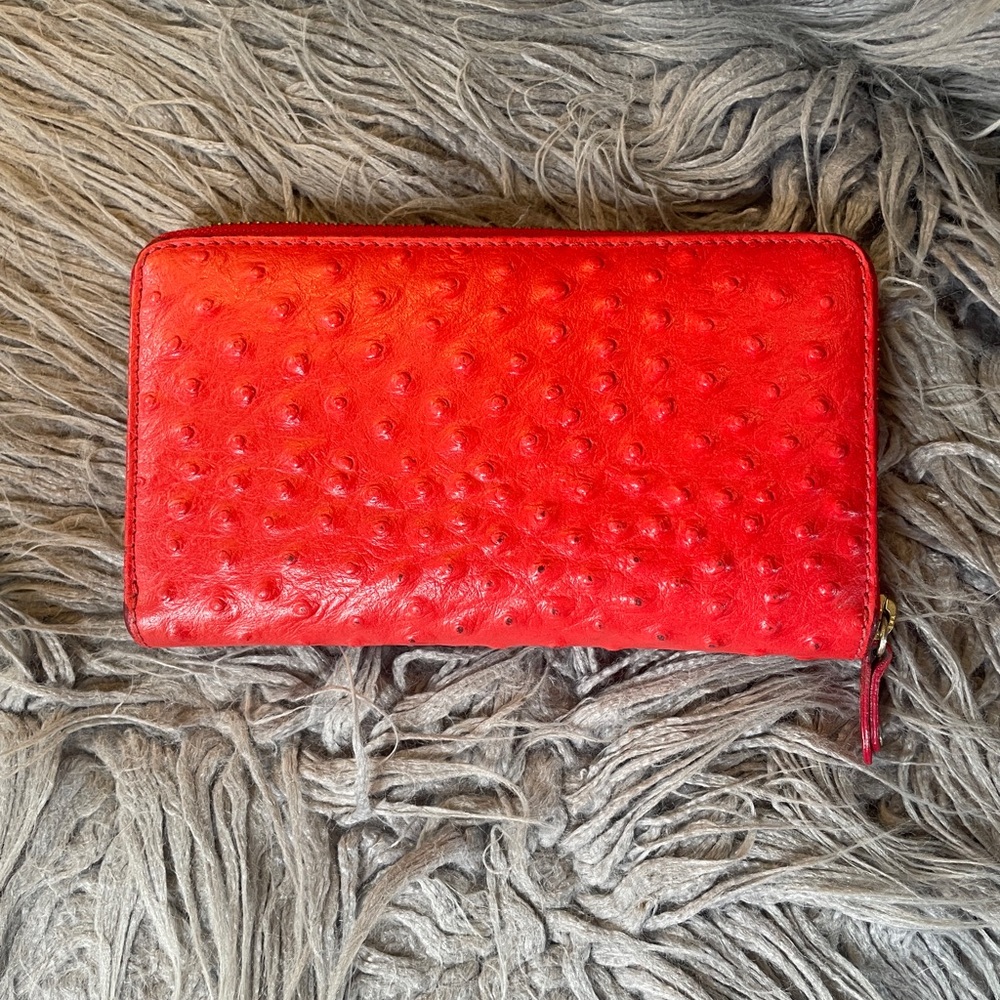 100% Ostrich Red Leather Long Wallet With Leather and Gold Canvas Inside